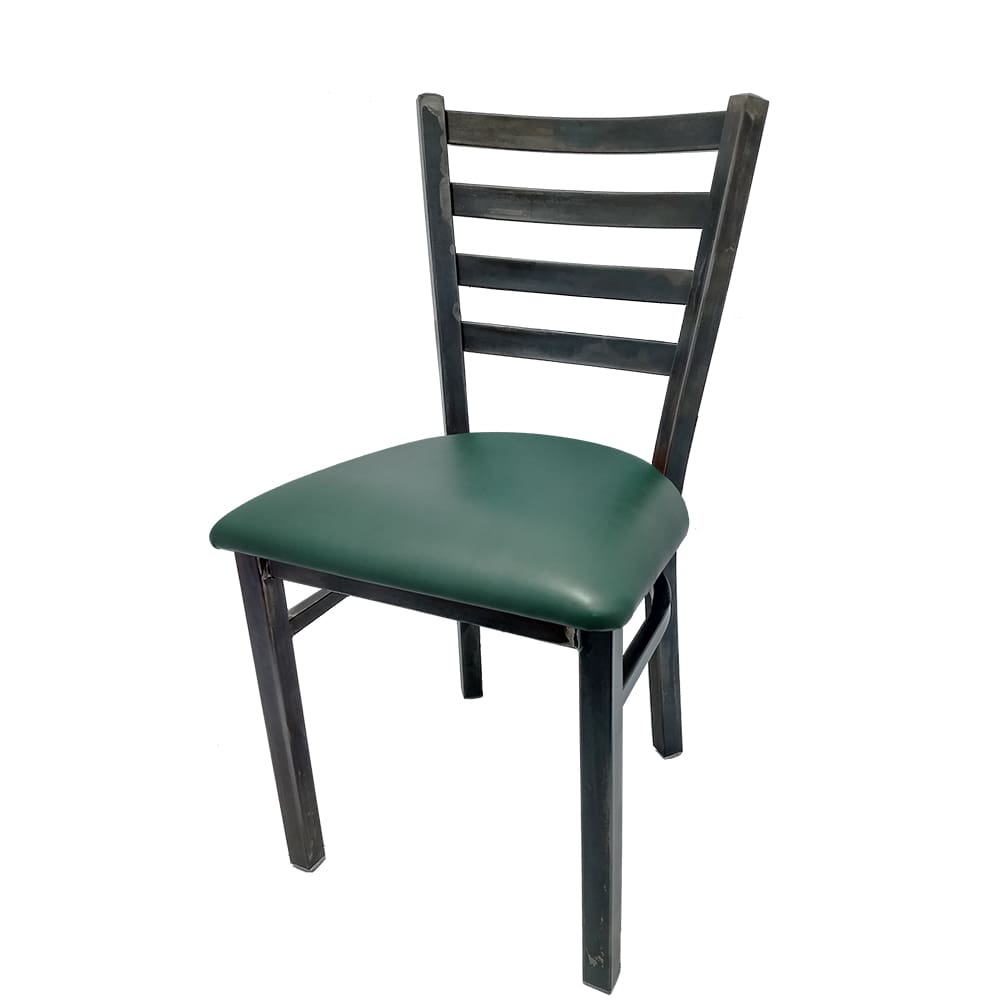 Rustic ladderback metal dining chair with clear coat metal frame and hunter green vinyl seat.