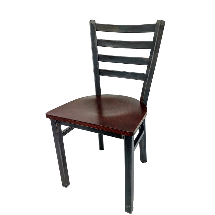 Rustic ladderback metal dining chair with clear coated steel frame and mahogany stain solid wood seat.