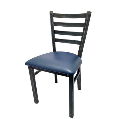 Rustic ladderback metal dining chair with industrial steel frame and navy vinyl seat.