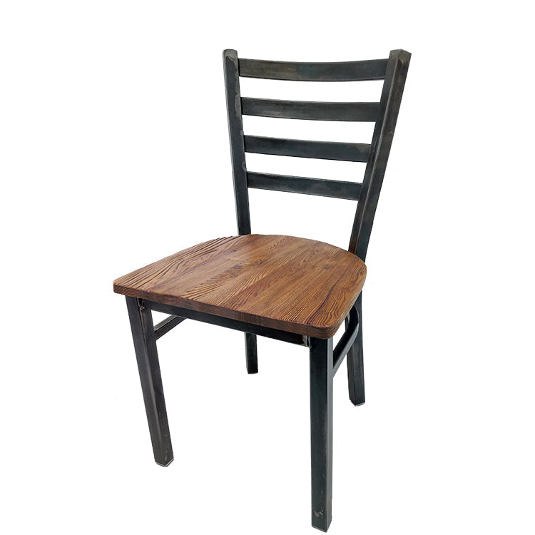 Rustic ladderback metal dining chair with clear coat industrial steel frame and reclaimed wood seat.