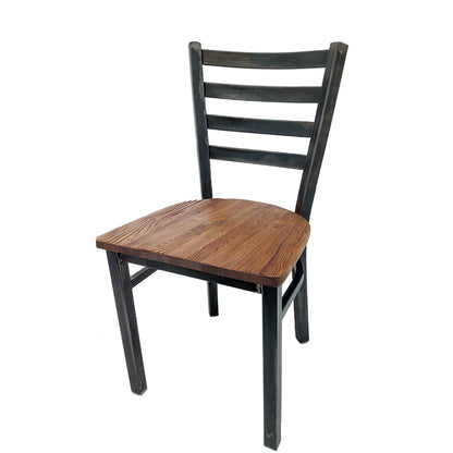 Rustic ladderback metal dining chair with clear coat industrial steel frame and reclaimed wood seat.