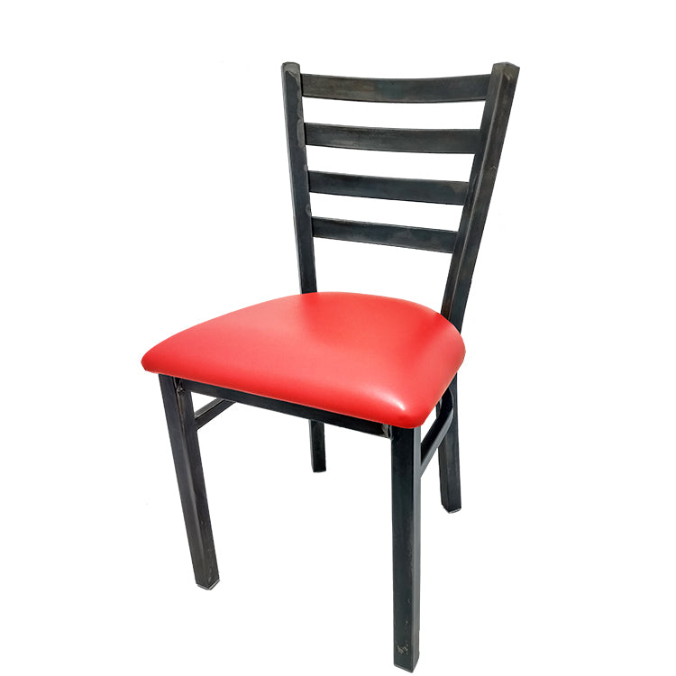 Rustic ladderback metal dining chair with clear coat steel frame and red vinyl seat