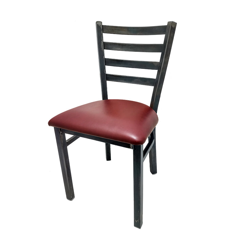 Rustic ladderback metal dining chair with industrial steel frame and wine vinyl seat.