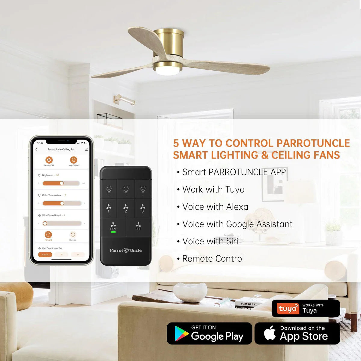 Flush mount smart ceiling fan compatible with Alexa, Google Home, and mobile apps