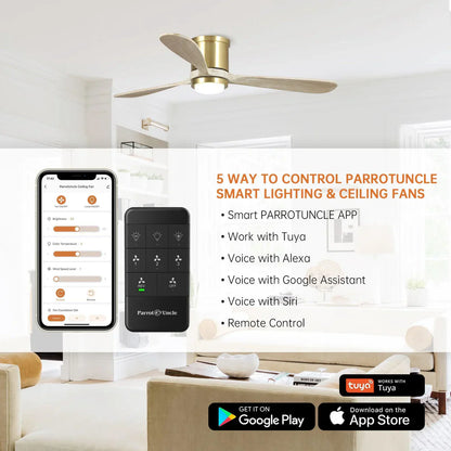 Flush mount smart ceiling fan compatible with Alexa, Google Home, and mobile apps