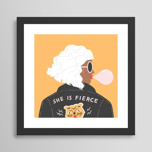 he Is Fierce Art Print by Charly Clements in a black hardwood frame, featuring a minimalist feminine design printed on archival-quality paper for modern wall décor.