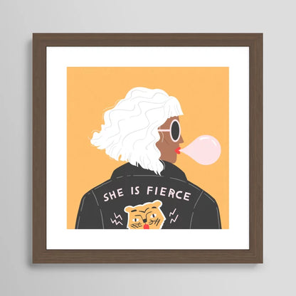 She Is Fierce Art Print by Charly Clements in a dark walnut frame, combining earthy tones and elegant design for sophisticated wall décor in any room.