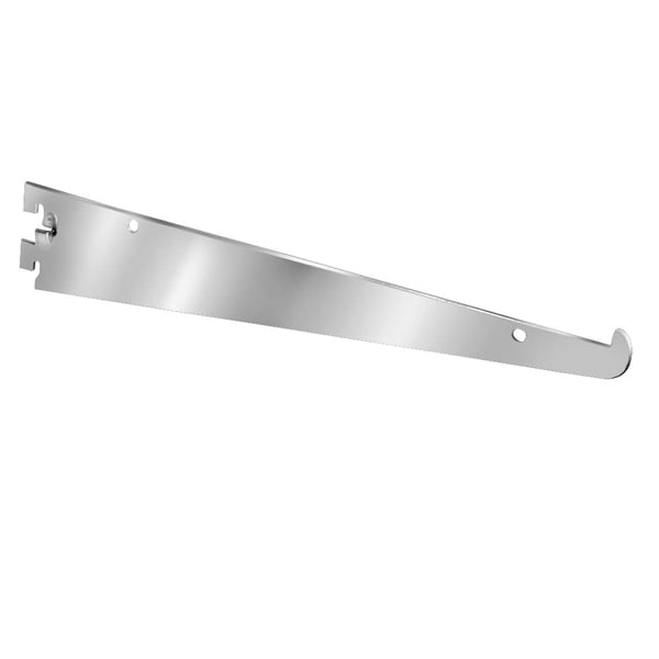 Front view of satin-finish shelf brackets designed for universal standards, shown for supporting glass or wood shelves in commercial display systems.