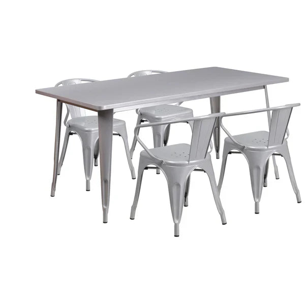 Silver rectangular metal restaurant dining set with four arm chairs for hotels and cafés