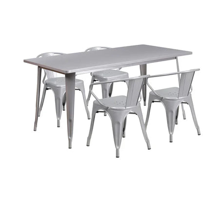 Silver rectangular metal restaurant dining set with four arm chairs for hotels and cafés
