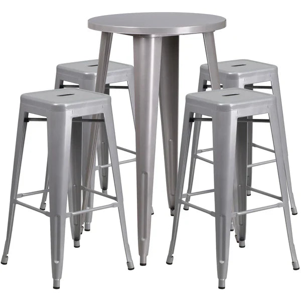 Silver metal bar table set with backless stools for restaurants and cafés