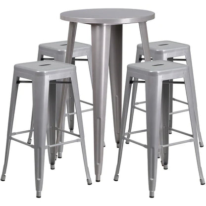 Silver metal bar table set with backless stools for restaurants and cafés