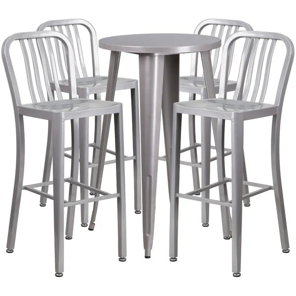 Silver bar-height metal table set with four slat back stools for restaurants and cafés