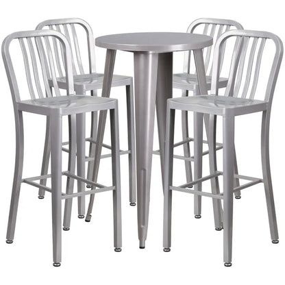 Silver bar-height metal table set with four slat back stools for restaurants and cafés
