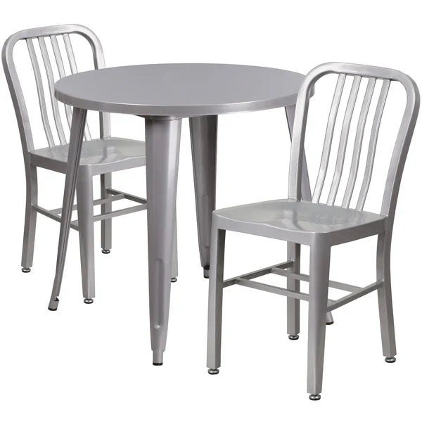 Silver metal dining table set with slat back chairs for restaurants and cafés