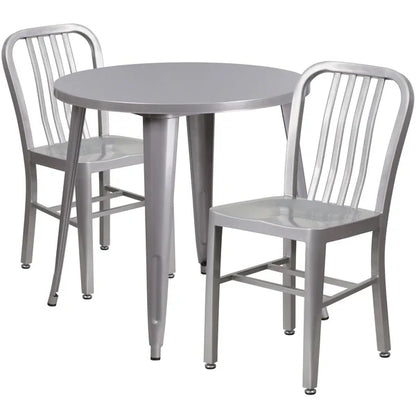 Silver metal dining table set with slat back chairs for restaurants and cafés