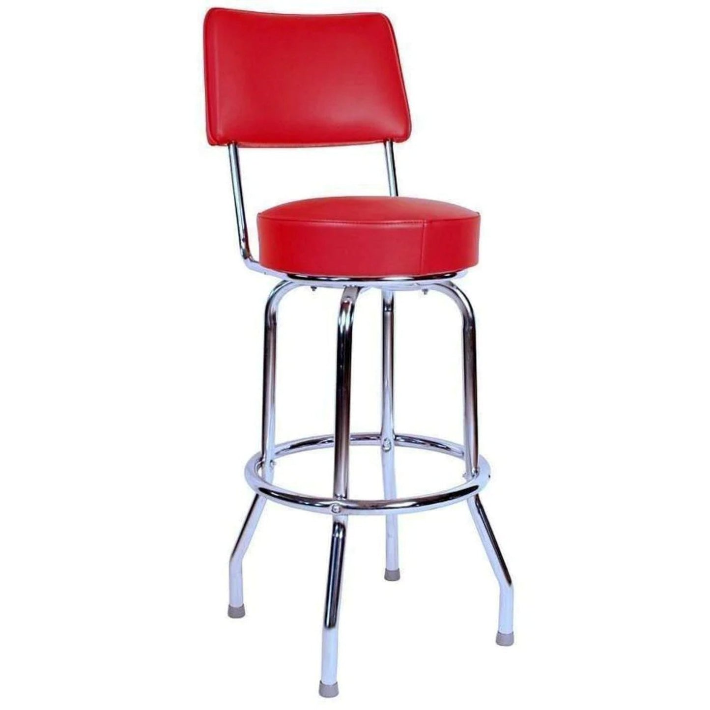 Single-ring bar stool with backrest and red upholstered swivel seat