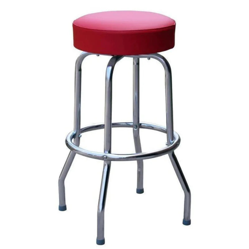 Chrome single-ring bar stool with round swivel seat in red upholstery