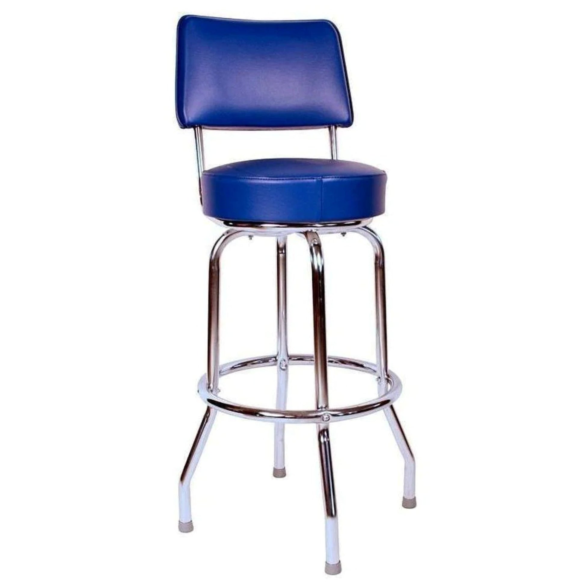 Single-ring bar stool with backrest and blue upholstered swivel seat