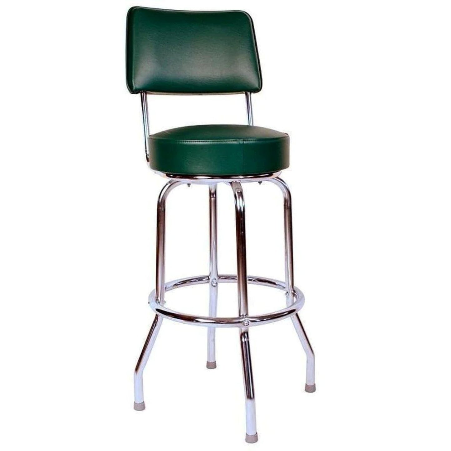 Single-ring bar stool with backrest and green upholstered swivel seat