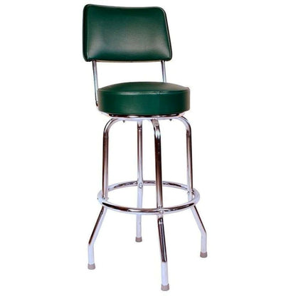 Single-ring bar stool with backrest and green upholstered swivel seat