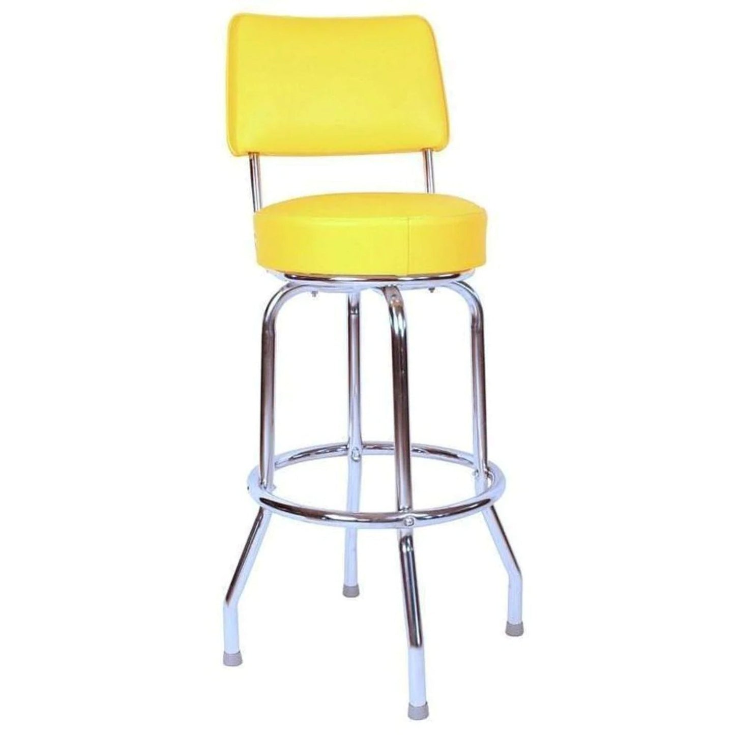Single-ring bar stool with backrest and yellow upholstered swivel seat