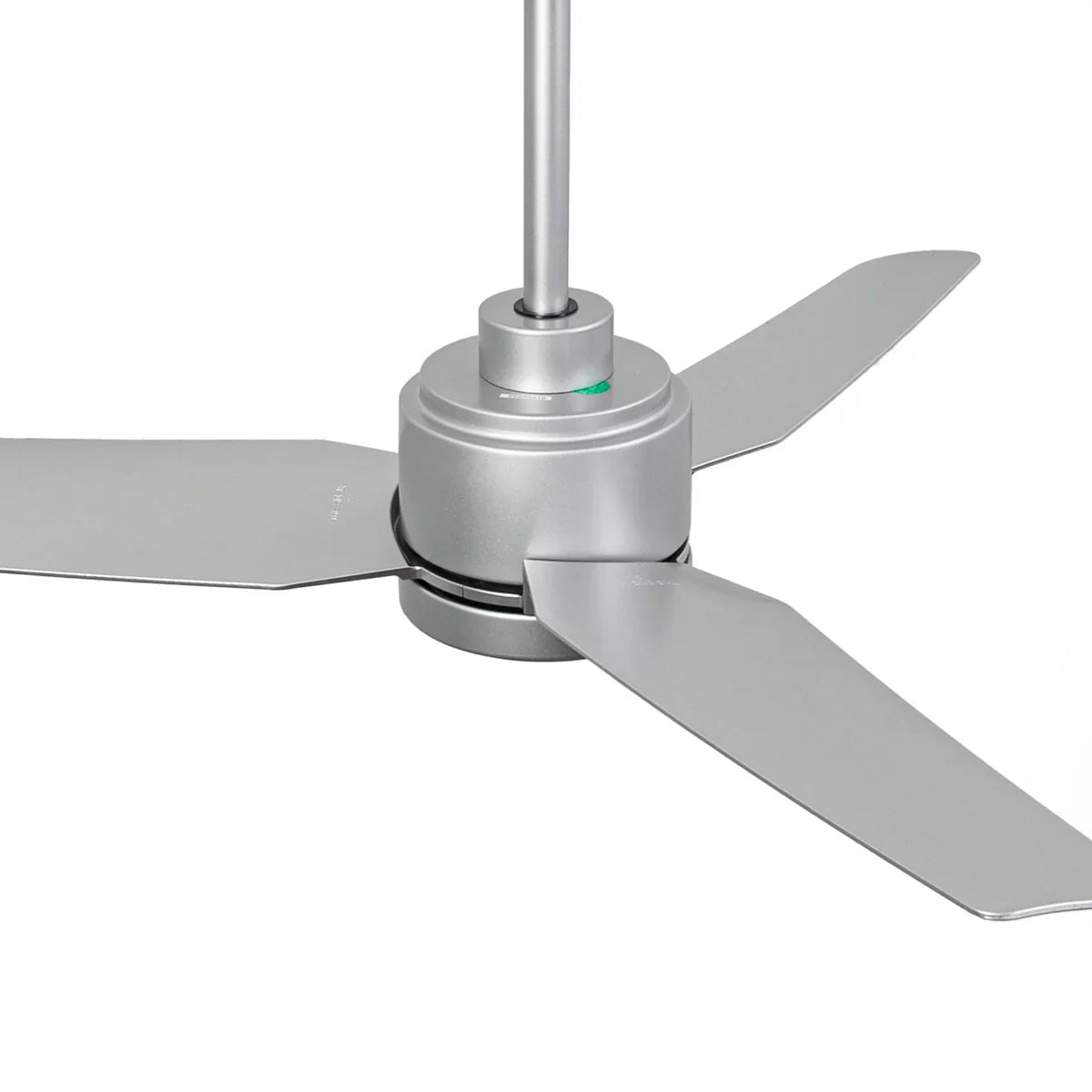 Close-up of a ceiling fan with metallic blades on a white background