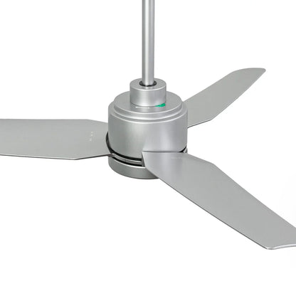 Close-up of a ceiling fan with metallic blades on a white background
