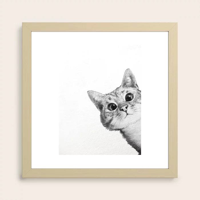 Sneaky cat art print with maple wood frame, warm animal-themed wall art for restaurants and hotels