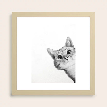 Sneaky cat art print with maple wood frame, warm animal-themed wall art for restaurants and hotels