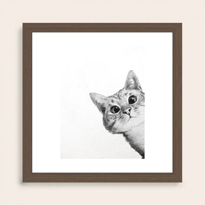 Sneaky cat illustration framed in walnut, cozy and charming décor for cafés, bars, and lodging spaces