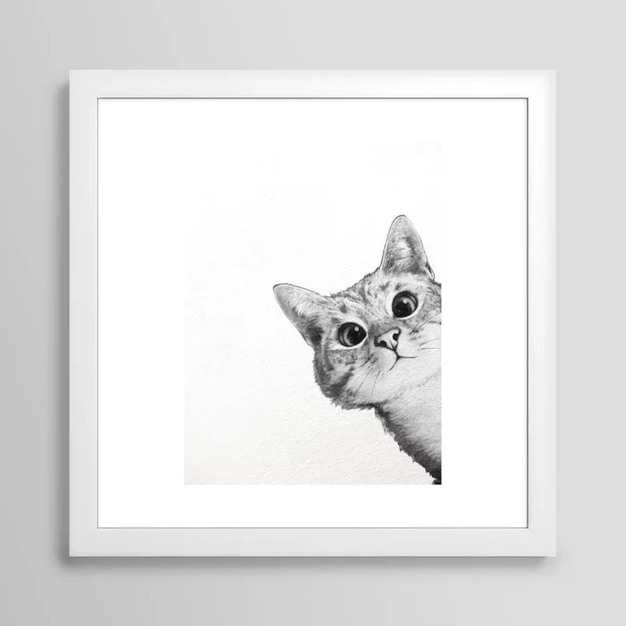 Sneaky cat artwork in white frame, whimsical décor for coffee shops, eateries, and hospitality spaces