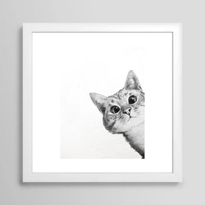 Sneaky cat artwork in white frame, whimsical décor for coffee shops, eateries, and hospitality spaces
