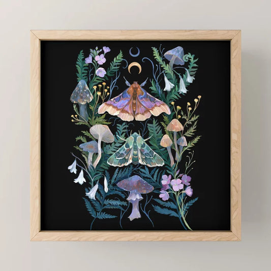 Sphinx Moth Moon Garden Mini Art Print by Clara McAllister featuring mystical moth and moonlit garden design on matte art paper