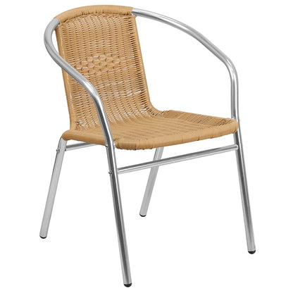 Alt Text:
Front view of beige aluminum rattan armchair with curved back and integrated arms, lightweight stackable chair for indoor or outdoor restaurant seating.
