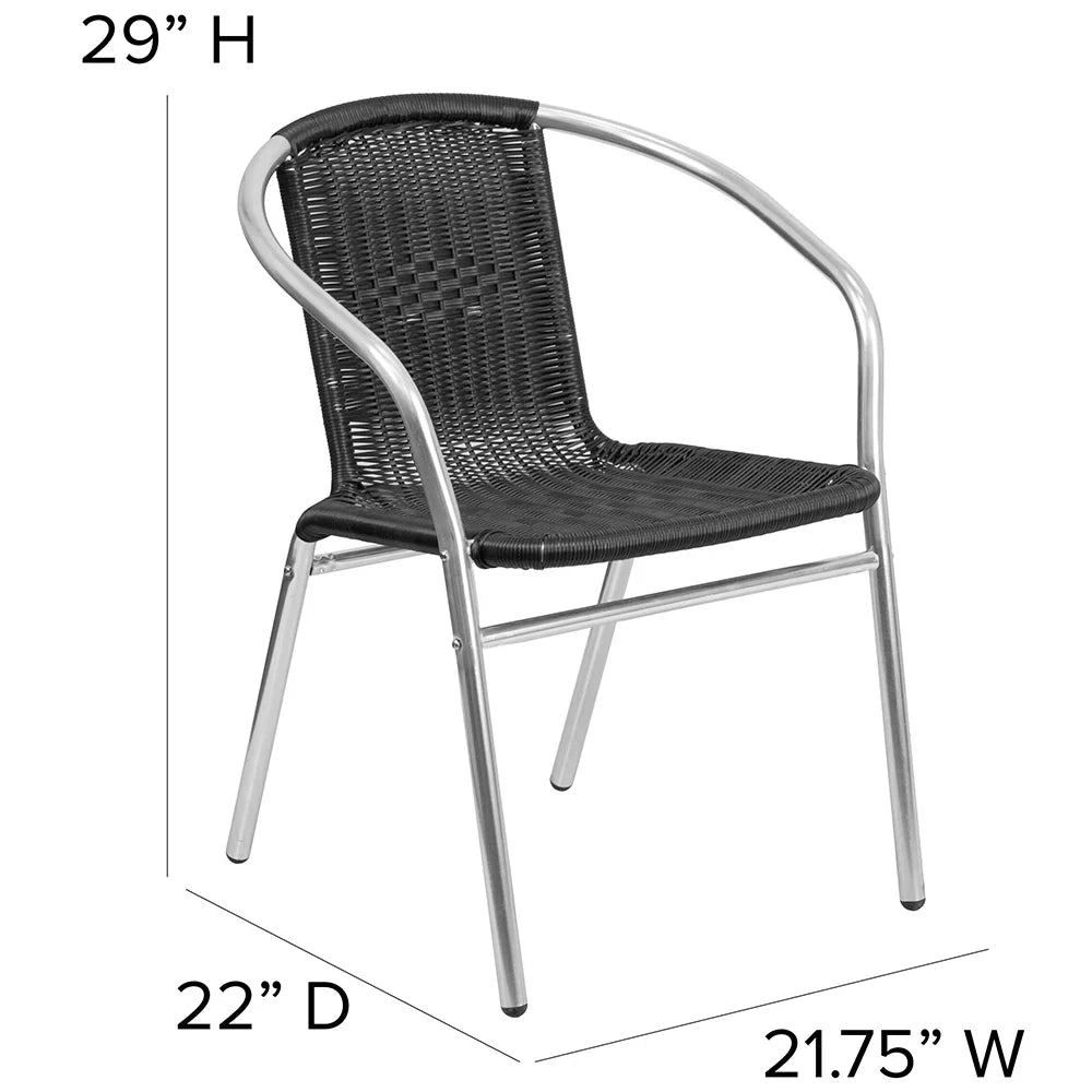 Front view of black aluminum rattan armchair with integrated armrests and cross support, durable stackable seating for commercial patios and cafés with dimensions.