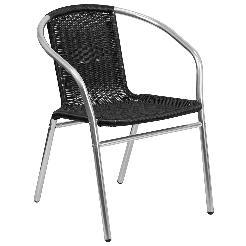 Front view of black aluminum rattan armchair with integrated armrests and cross support, durable stackable seating for commercial patios and cafés.