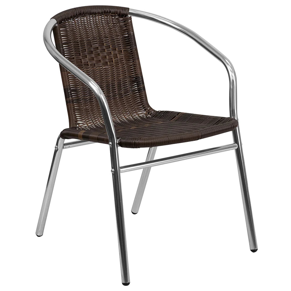 Front view of dark brown aluminum rattan armchair with cross-braced frame, stackable restaurant patio chair for indoor or outdoor use.