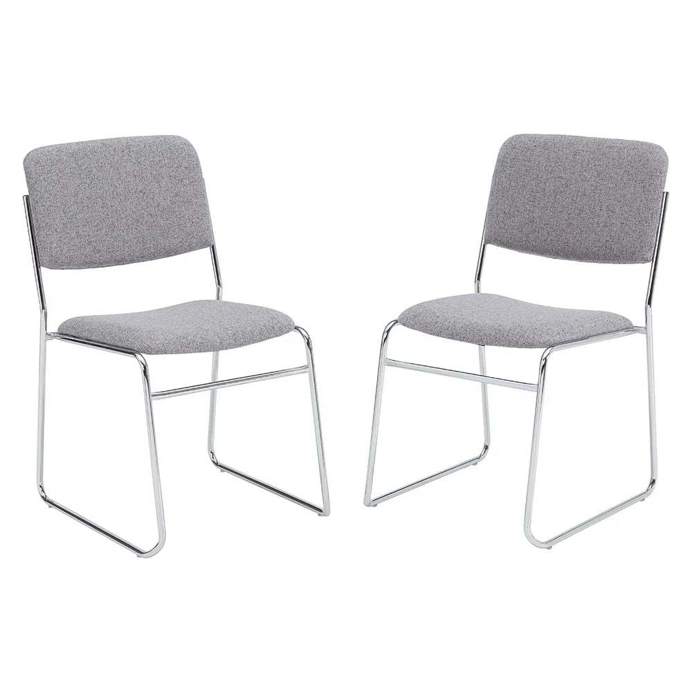 Front view of stackable side chair with gray fabric seat and back on a silver steel frame, designed for indoor commercial seating.