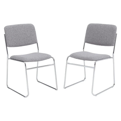 Front view of stackable side chair with gray fabric seat and back on a silver steel frame, designed for indoor commercial seating.