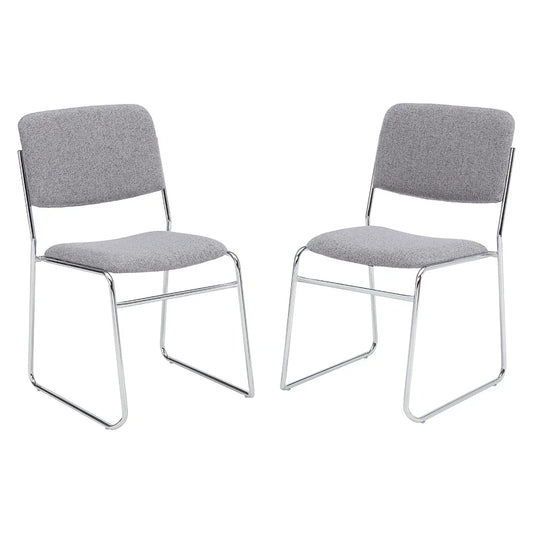 Front view of stackable side chair with gray fabric seat and back on a silver steel frame, designed for indoor commercial seating.