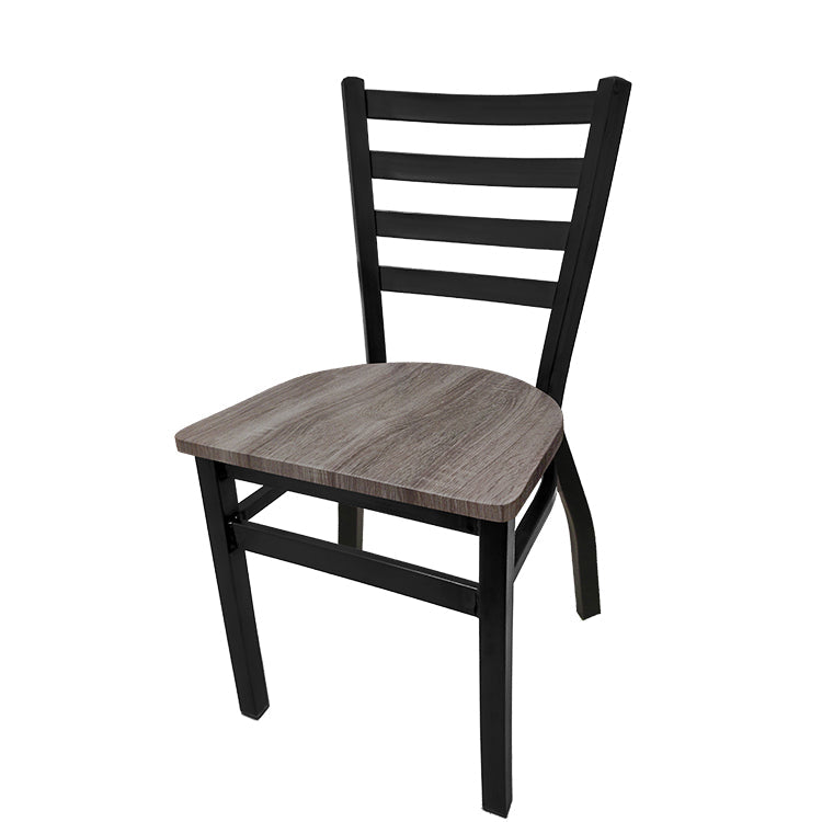 Stackable metal ladderback chair with barnwood finish wood seat and black powder coat frame, rustic restaurant seating for dining and bar areas.