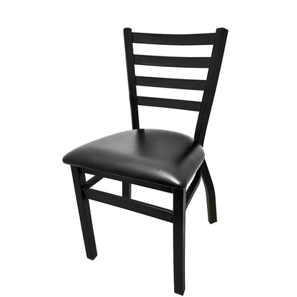 Front view of stackable ladderback metal chair with black powder coat finish and black vinyl seat, durable welded steel frame ideal for restaurant or café seating.