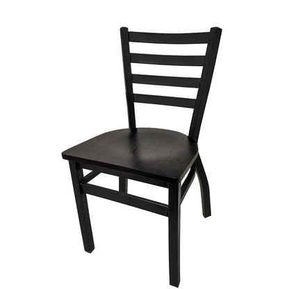 Restaurant ladderback chair with black powder coat frame and black stained wood seat, sleek and durable seating for commercial interiors.