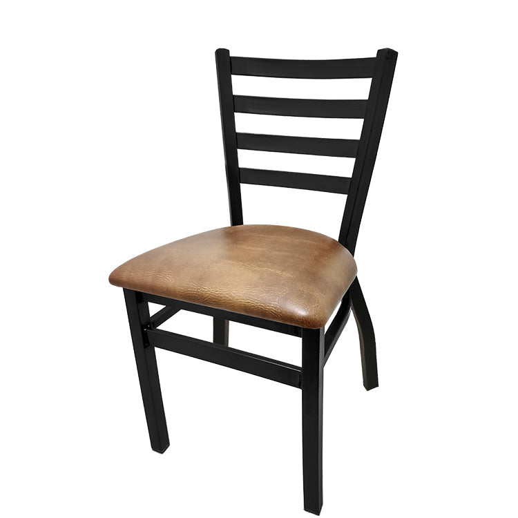 Ladderback restaurant chair with black powder coat frame and buckskin vinyl seat, commercial dining chair with welded steel construction and stackable design.