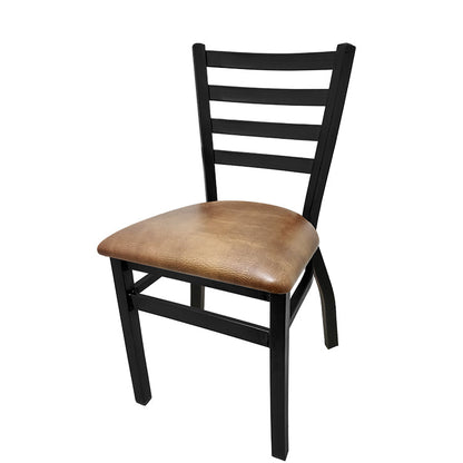 Ladderback restaurant chair with black powder coat frame and buckskin vinyl seat, commercial dining chair with welded steel construction and stackable design.