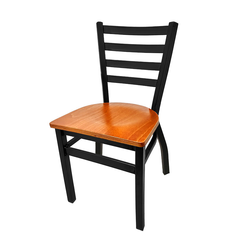 Classic ladderback metal restaurant chair with cherry-stained wood seat, 16-gauge steel frame and powder coat finish, stackable design.