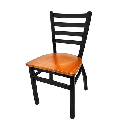 Classic ladderback metal restaurant chair with cherry-stained wood seat, 16-gauge steel frame and powder coat finish, stackable design.