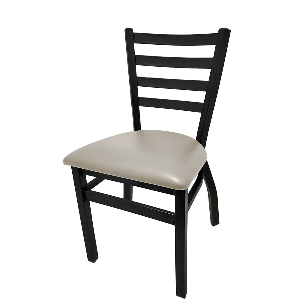 Black powder coat ladderback chair with dove gray vinyl seat, welded steel restaurant chair with protective floor glides and 300 lb capacity.