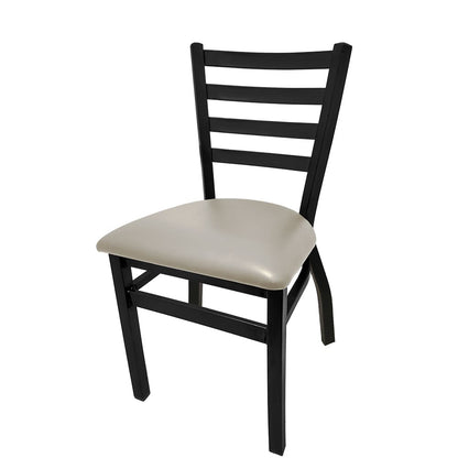 Black powder coat ladderback chair with dove gray vinyl seat, welded steel restaurant chair with protective floor glides and 300 lb capacity.